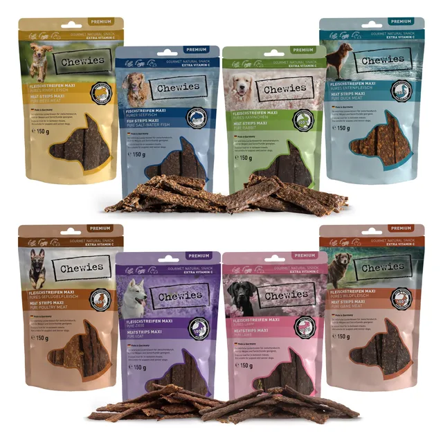 chewies-fleischstreifen-maxi-mix-paket-8-x-150-g-luftgetrocknete-hunde-leckerli- image 1