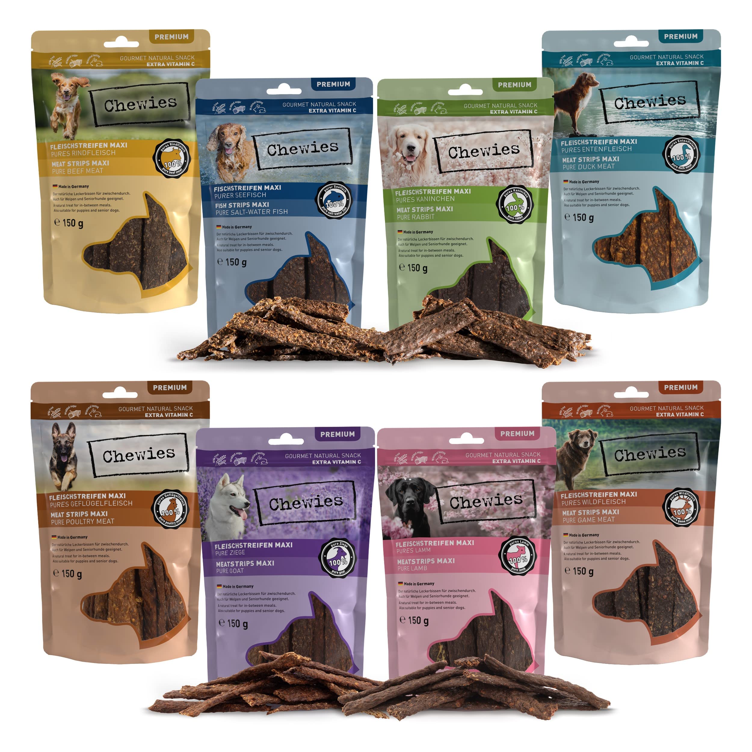 chewies-fleischstreifen-maxi-mix-paket-8-x-150-g-luftgetrocknete-hunde-leckerli- image 1